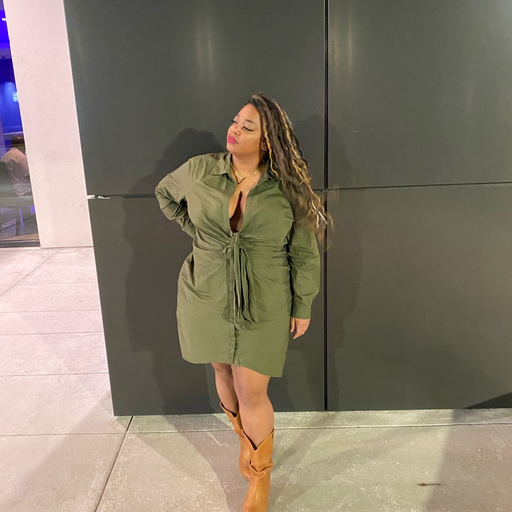 Long sleeve deep plunge olive dress